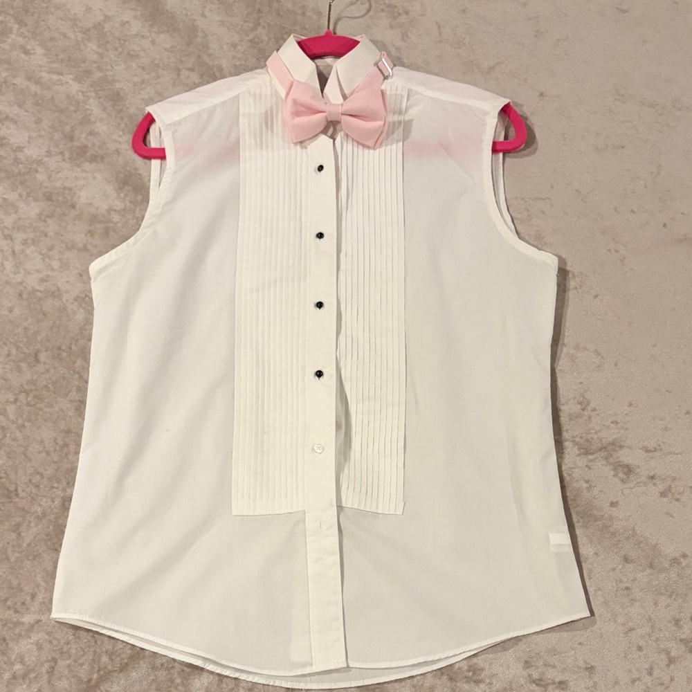 Sleeveless White Shirt with Pink Bow Tuxedo Women Size 8